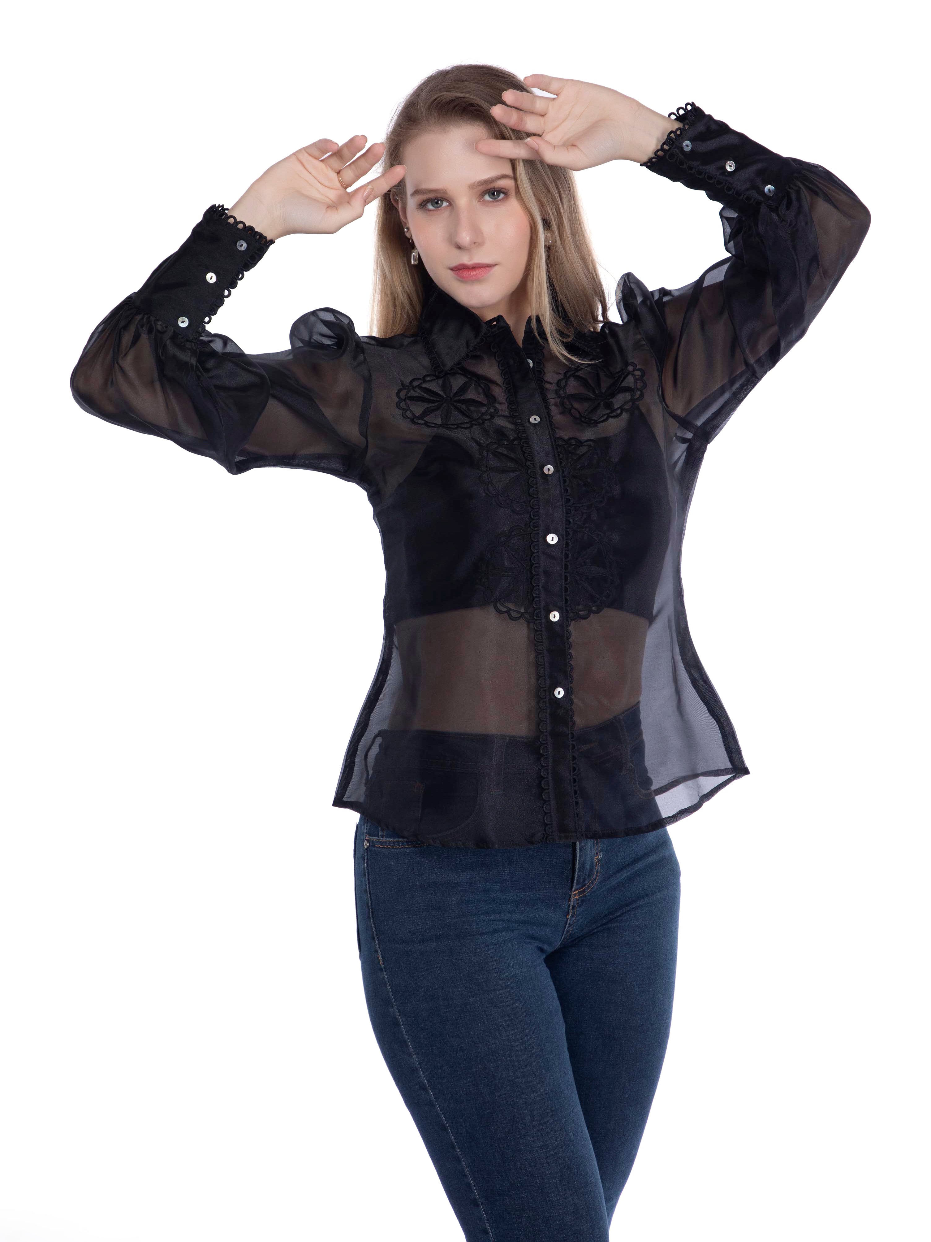 Black Organza Shirt with Cut-Work Embroidery