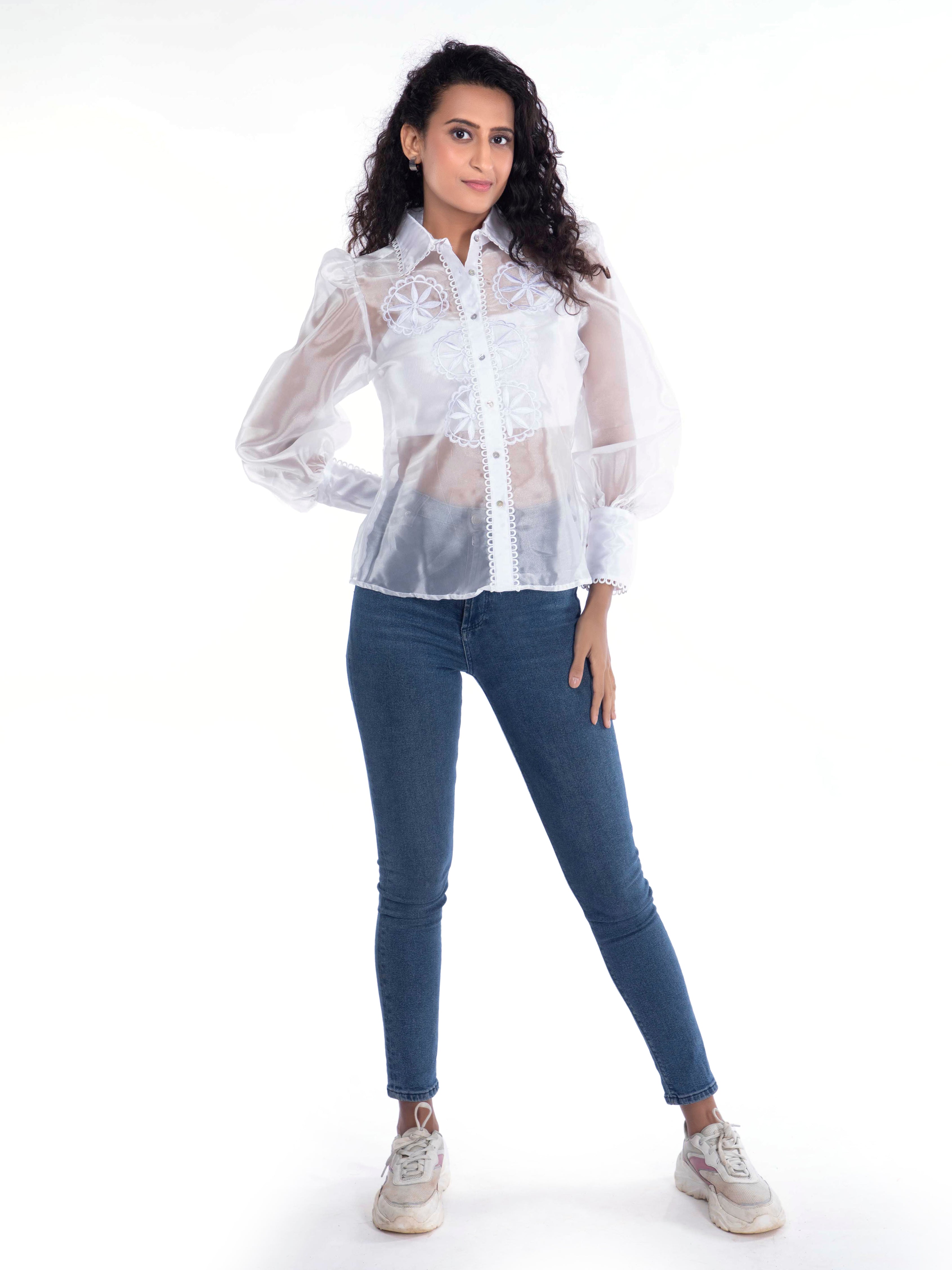 White Organza Shirt with Cut-Work Embroidery