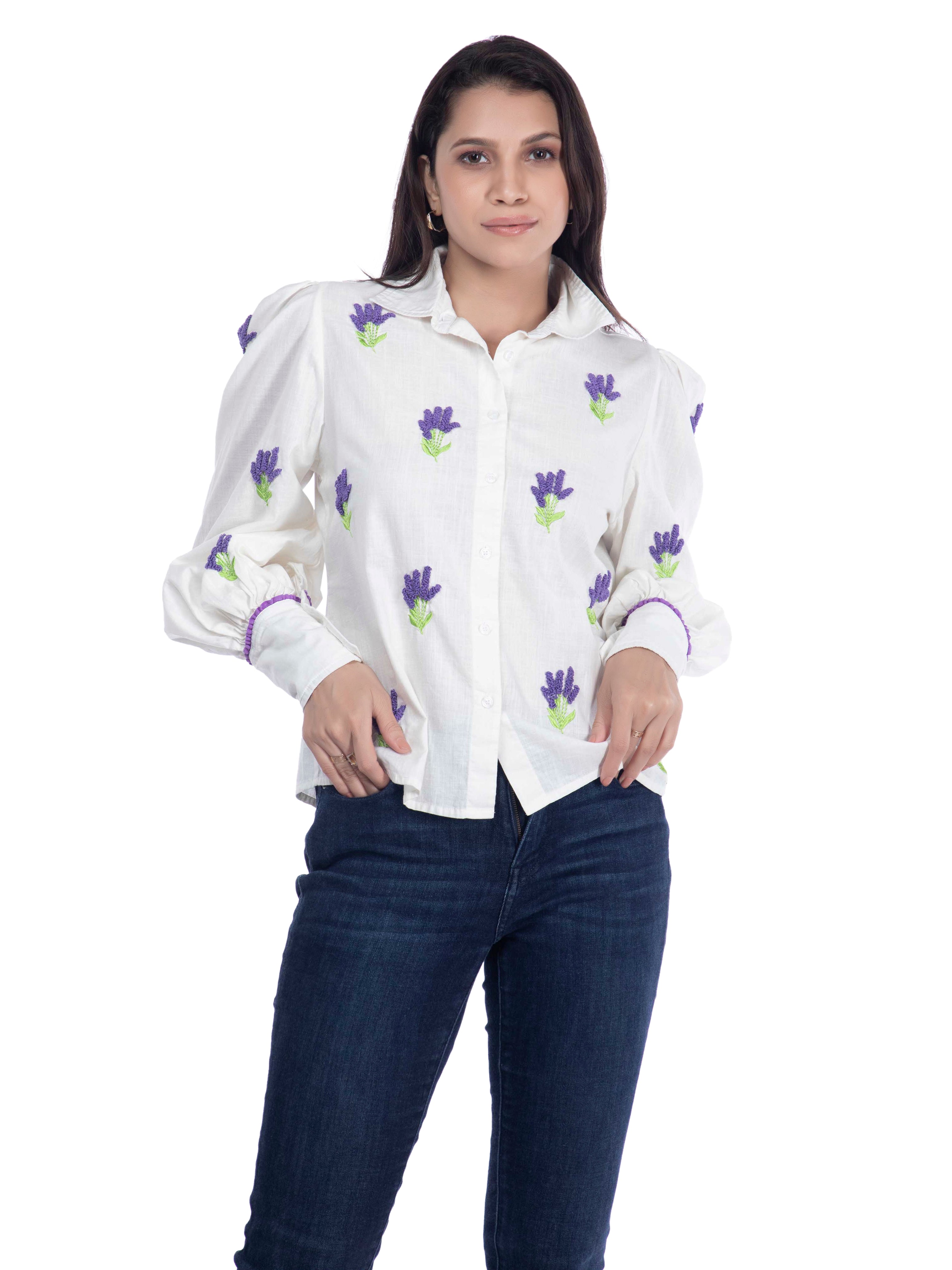 White Embroidered Cotton Linen Shirt