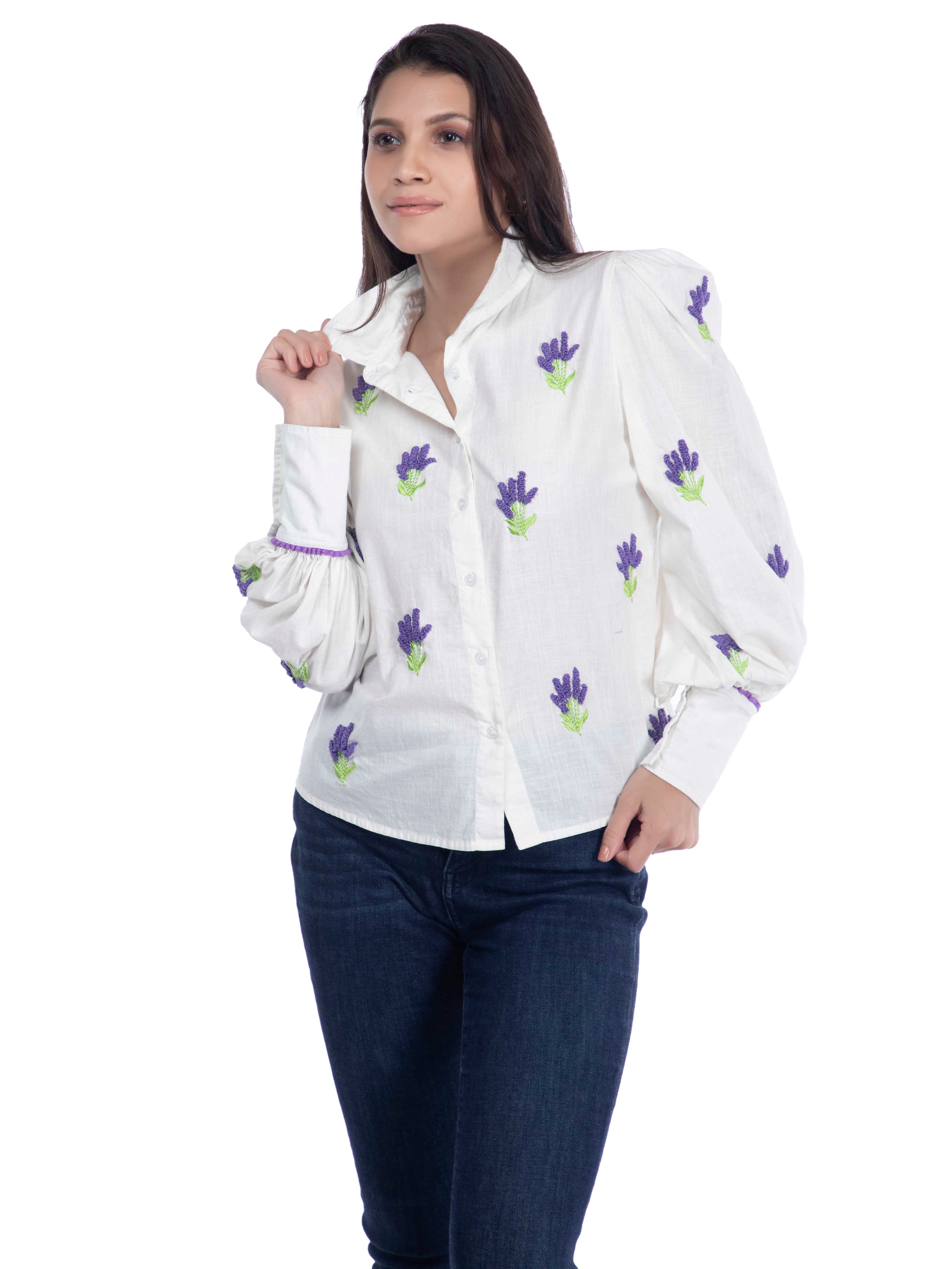 White Embroidered Cotton Linen Shirt