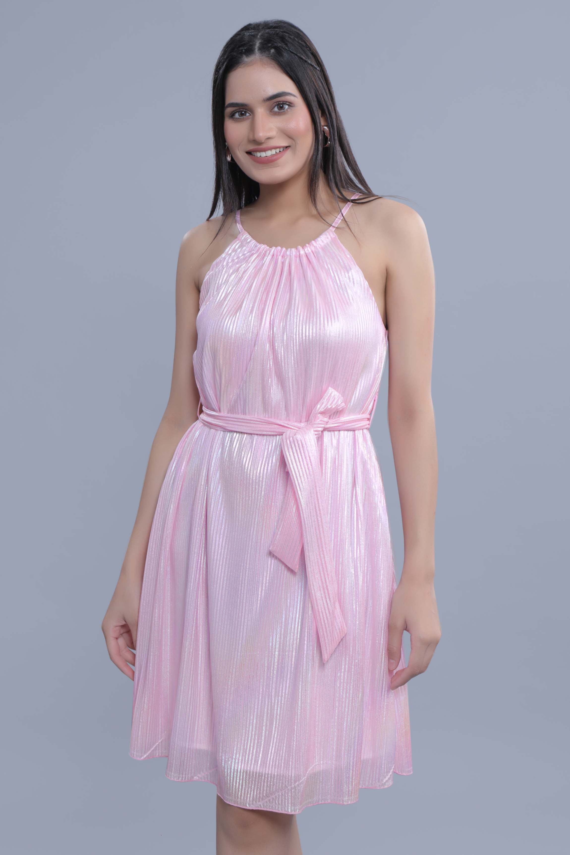 Pink Metallic Printed Pleated A-line Party Dress