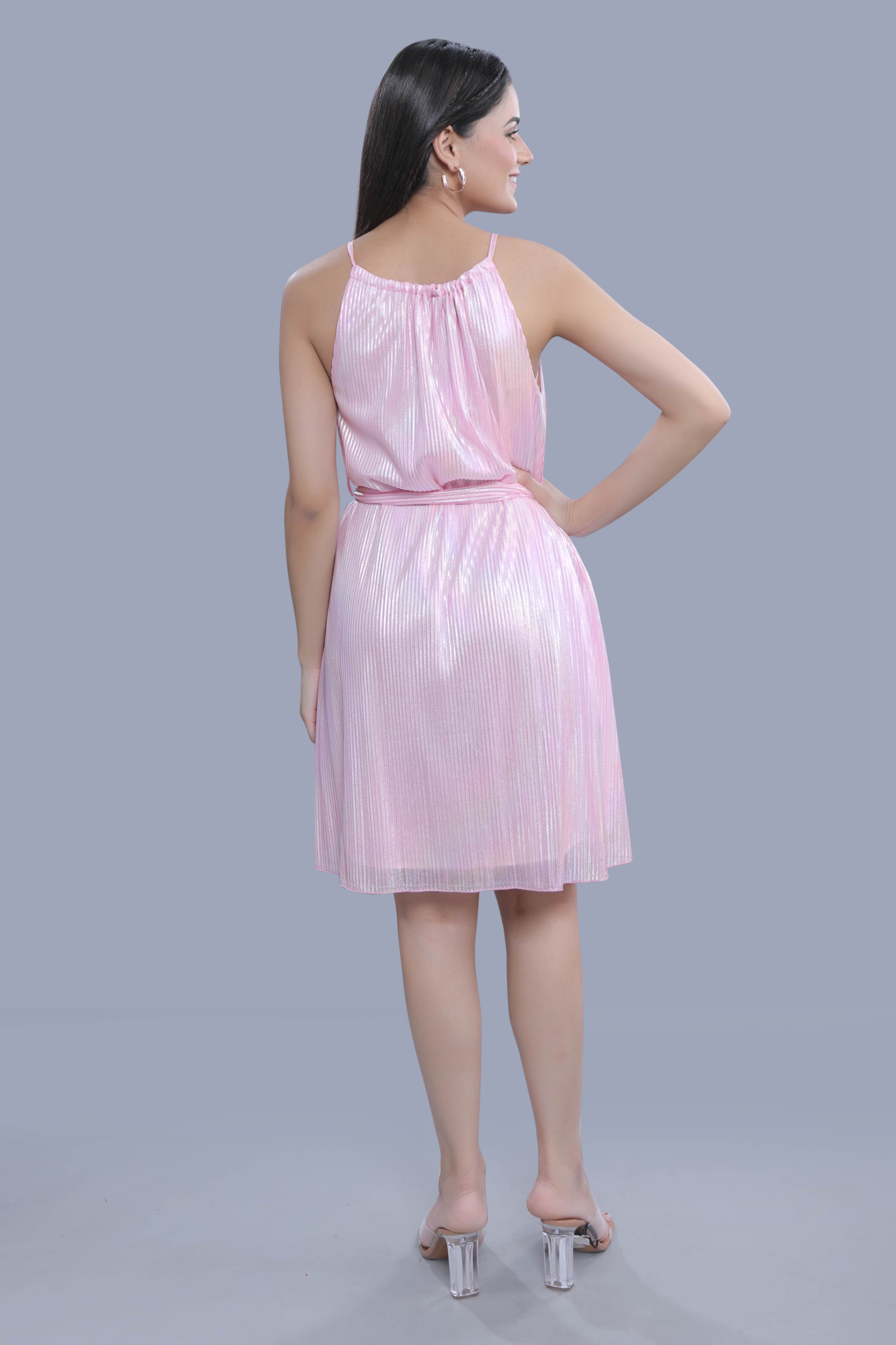 Pink Metallic Printed Pleated A-line Party Dress