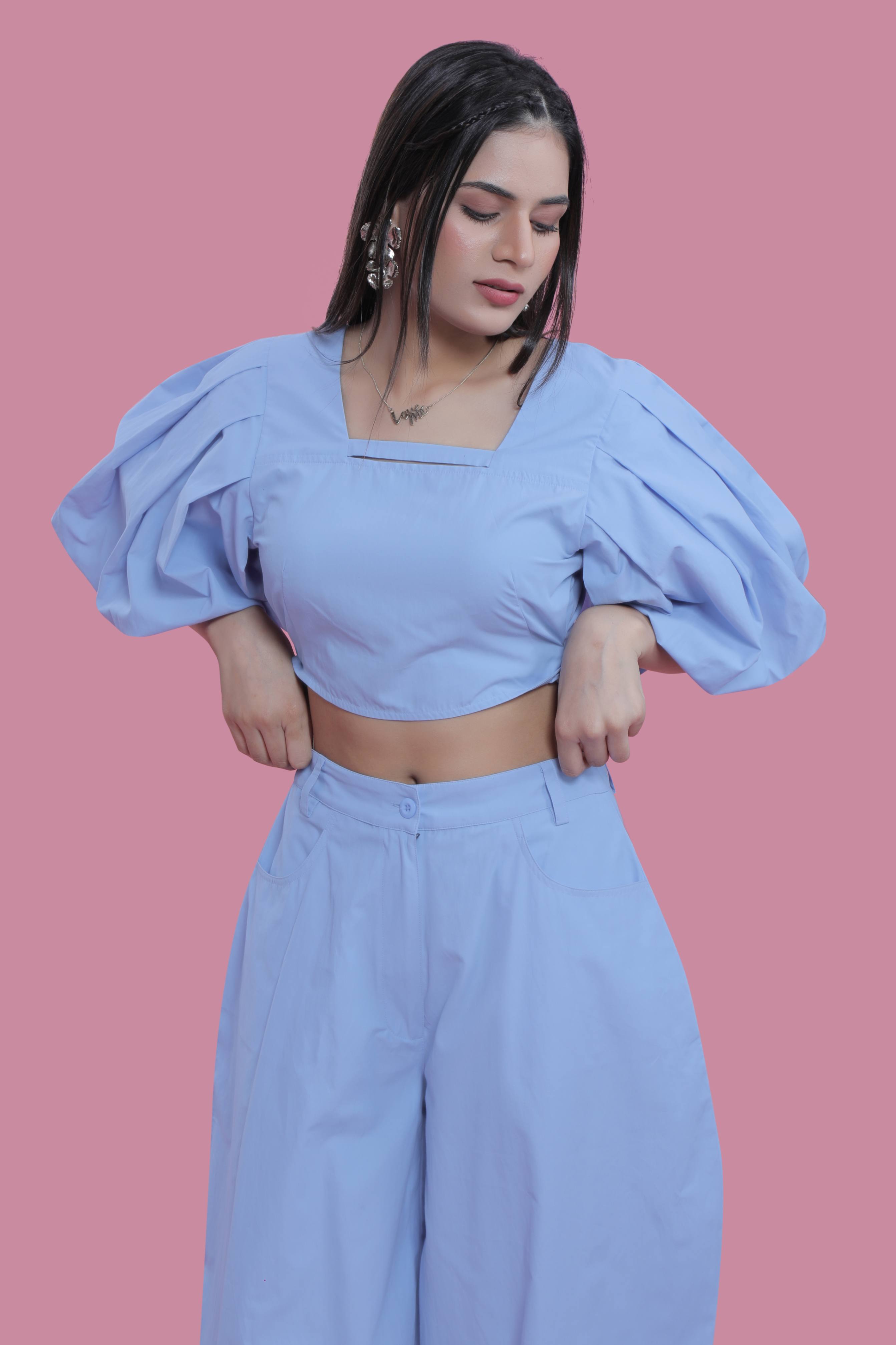 Balloon Sleeve Resort Wear Fitted Co-Ord Set Top