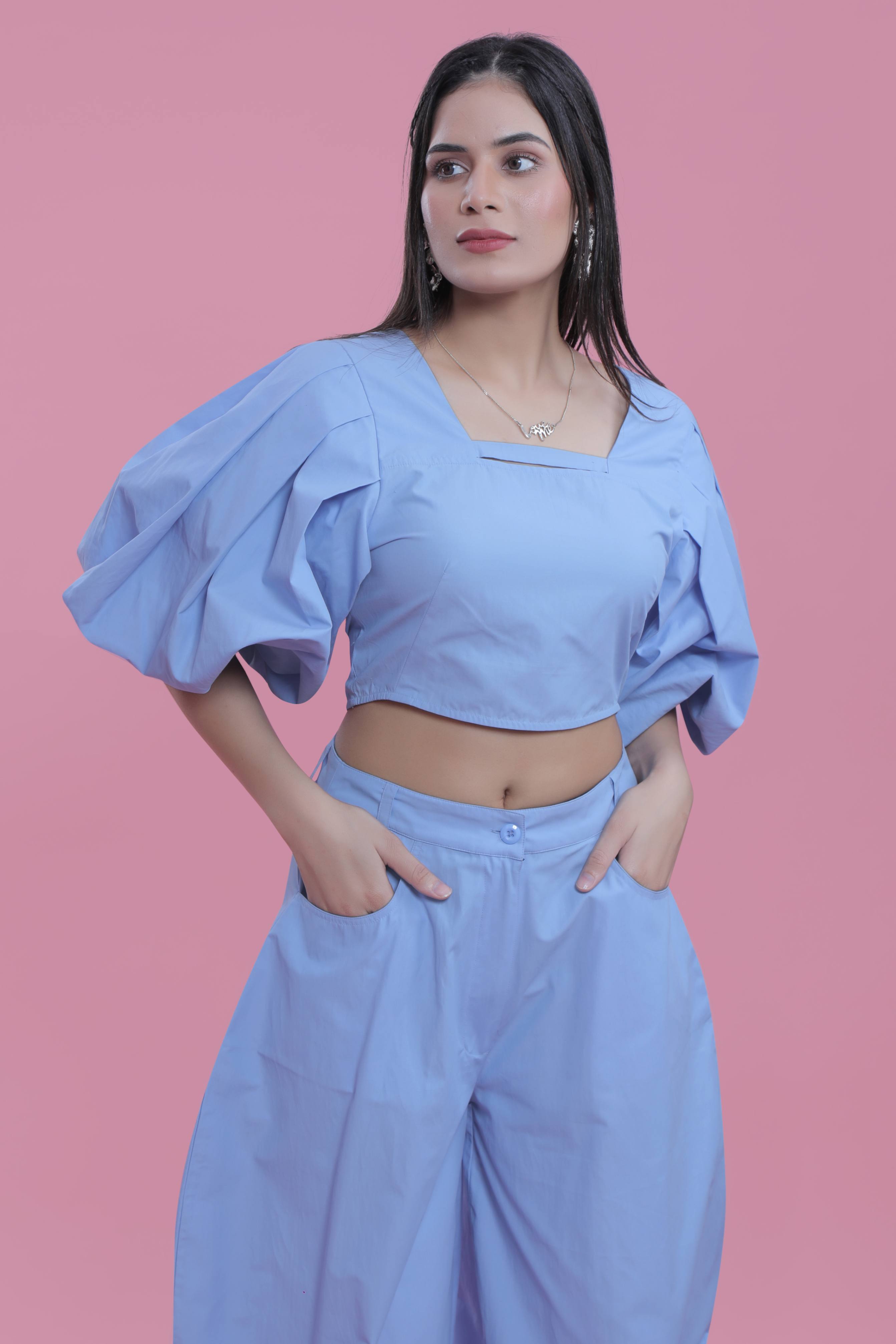 Balloon Sleeve Resort Wear Fitted Co-Ord Set Top