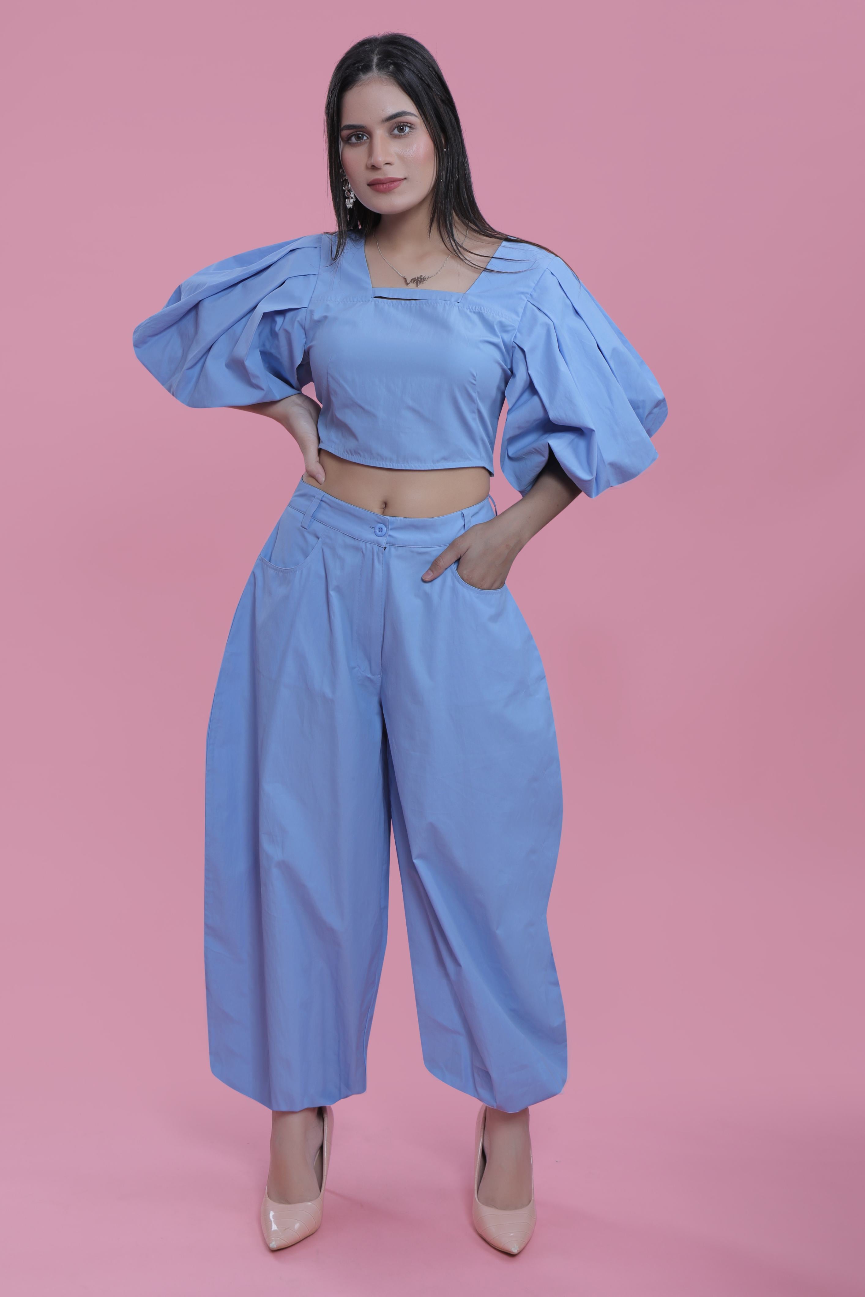 Balloon Sleeve Resort Wear Fitted Co-Ord Set Top